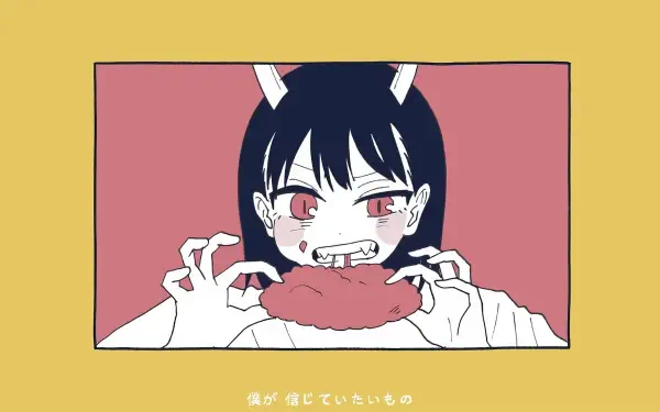 RuriDragon anime HD desktop wallpaper: horned girl with black hair and red eyes biting a pastry inside a pink panel on a yellow background, Japanese caption below.