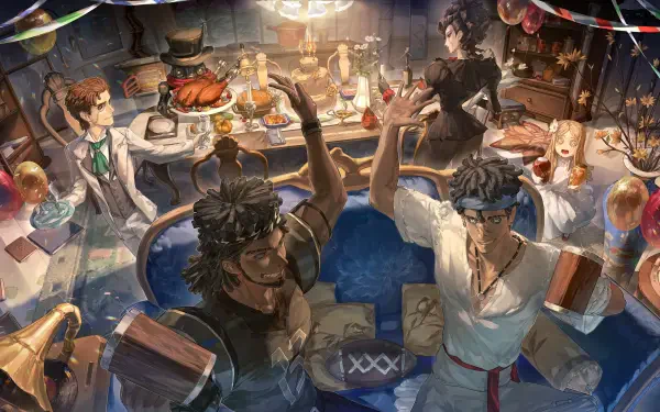Identity V video game 4K Ultra HD PC desktop wallpaper: lively tavern feast with two characters clinking mugs, surrounded by food, lanterns and guests in warm, painterly detail.