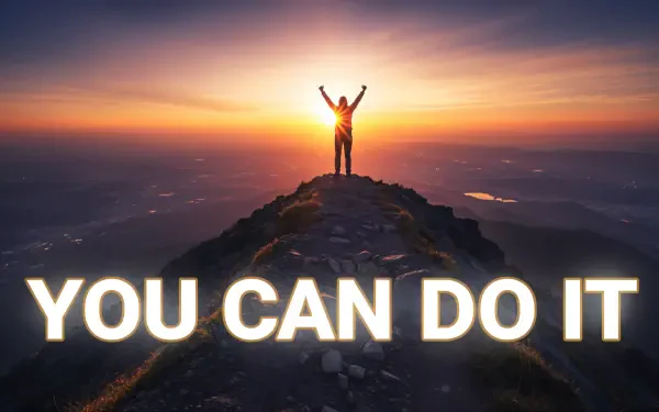 Motivational 4K Ultra HD PC desktop wallpaper: silhouetted figure stands triumphantly atop a mountain at sunrise with bold text YOU CAN DO IT across the foreground.