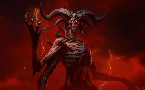 HD PC desktop wallpaper from the video game Diablo IV: towering horned Diablo demon in blood-red lightning, skeletal torso and outstretched clawed hand.