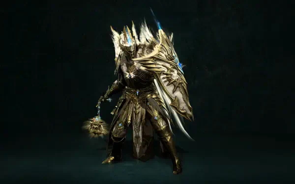 Video game Diablo IV character in ornate golden armor and spiked shield, wielding a flail — HD PC desktop wallpaper background.