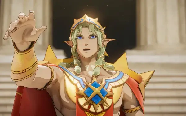 HD PC desktop wallpaper/background: crowned elf-like hero from the video game Fire Emblem: Fortune's Weave reaches out amid a grand hall.