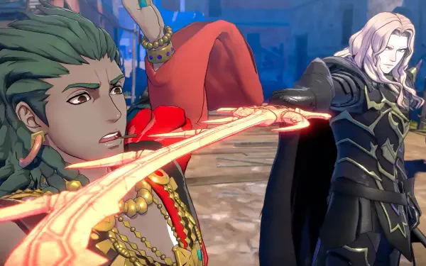 2K Quad HD PC desktop wallpaper of Fire Emblem: Fortune's Weave — a pale-haired black-clad mage unleashes a red magic slash toward a green-haired warrior.