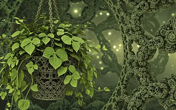 4K Ultra HD PC desktop wallpaper: ornate hanging plant with lush green leaves in a filigree planter against a glowing fractal background.