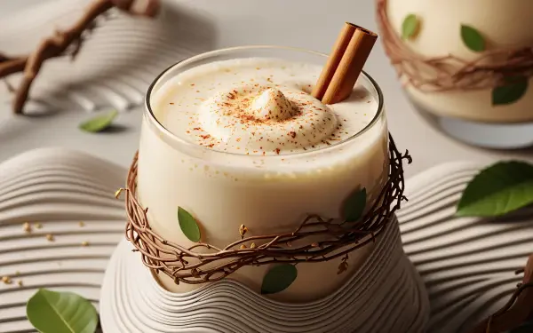 4K Ultra HD PC desktop wallpaper of creamy eggnog in a twine-wrapped glass, topped with a cinnamon stick and grated nutmeg, surrounded by scattered green leaves.