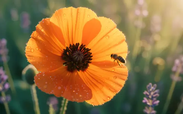 Close-up of an orange flower with dew drops and a hovering bee against soft lavender bokeh; 4K Ultra HD PC desktop wallpaper and background.