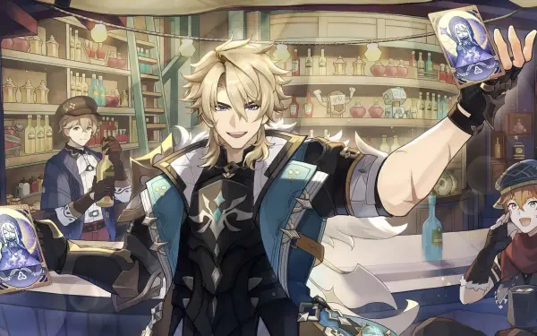 HD PC desktop wallpaper of Varka from the video game Genshin Impact, smiling confidently in a bustling alchemy shop, holding ornate cards amid shelves of potions and curious onlookers.