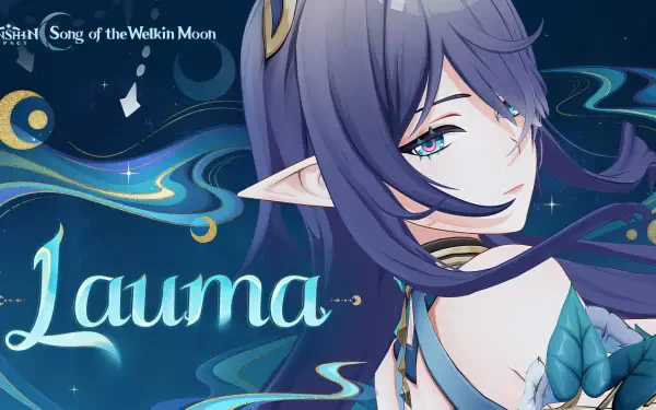 HD PC desktop wallpaper of Lauma from the video game Genshin Impact: close-up portrait with flowing blue hair, elven ears and teal eyes amid swirling moonlit magic on a starry navy background.