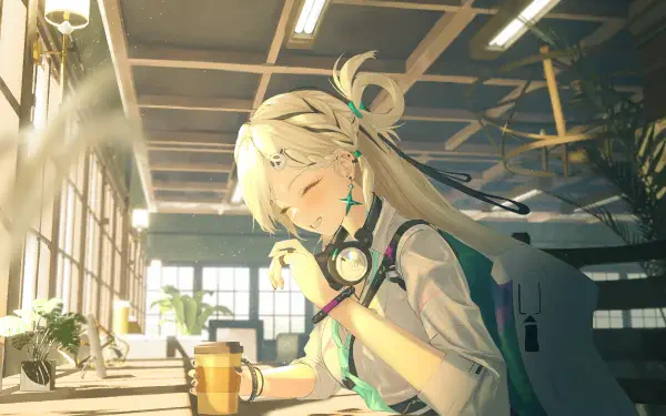 Lynae from Wuthering Waves — serene anime girl in a sunlit café with headphones and coffee; 2K Quad HD PC desktop wallpaper background.