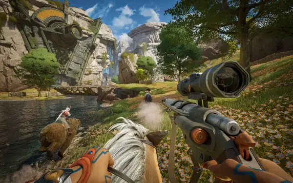 HD PC desktop wallpaper showing a video game POV horse riding in Highguard: player holds a rifle as riders cross a river through a sunlit canyon past ancient ruins.