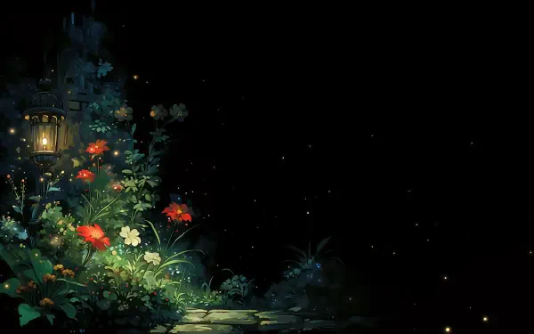 Dark aesthetic Anime AI-art 2K Quad HD PC desktop wallpaper: a glowing lantern beside red and white flowers on a shadowed path, tiny fireflies sparkling against the black sky.