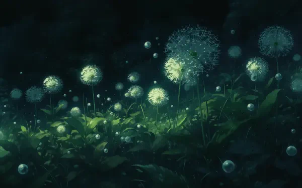 Anime-aesthetic AI art of glowing dandelions and drifting seeds at night, ethereal green-blue scene — 2K Quad HD PC desktop wallpaper/background.