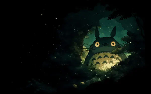 Dark AI art of Totoro (My Neighbor Totoro), Studio Ghibli–inspired glowing forest portrait — 2K Quad HD PC desktop wallpaper/background.