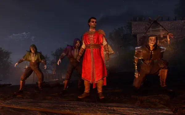 HD PC desktop wallpaper for the video game Vampires: Bloodlord Rising: a red-robed vampire leader stands on a moonlit village road, flanked by three grim allies.