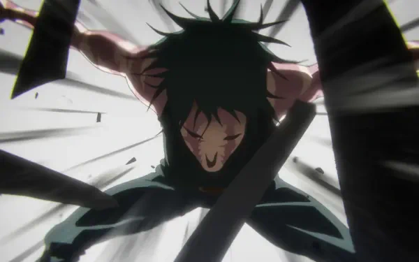 HD PC desktop wallpaper: dynamic low-angle anime shot of Maki Zenin (Jujutsu Kaisen) lunging with blades, intense expression and motion blur.