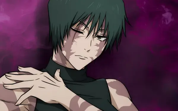 2K Quad HD PC desktop wallpaper/background of Maki Zenin from Jujutsu Kaisen, clutching her shoulder with a grim expression against a purple, smoky backdrop.