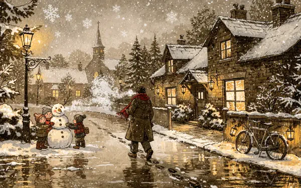4K Ultra HD PC desktop wallpaper background of a snowy village at dusk with snowfall: lamplit cottages, children building a snowman and a lone walker on a wet, reflective street.