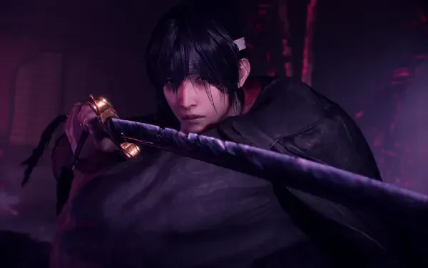 Nioh 3 video game HD PC desktop wallpaper — moody close-up of a dark-haired samurai gripping a long polearm bathed in purple ambient light.