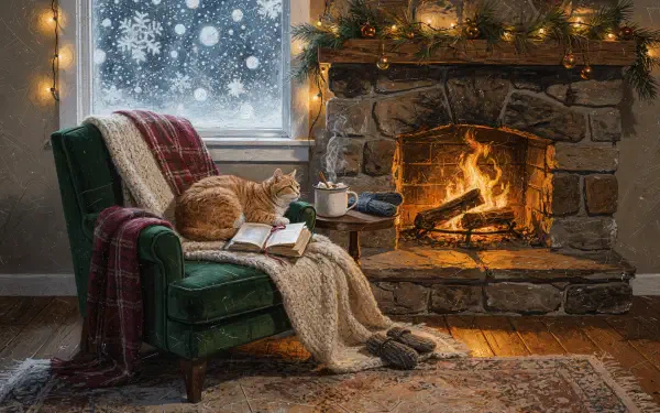 Cozy winter 4K Ultra HD PC desktop wallpaper — a cat naps on a blanket-draped armchair beside a roaring stone fireplace, open book, snowy window and warm string lights.