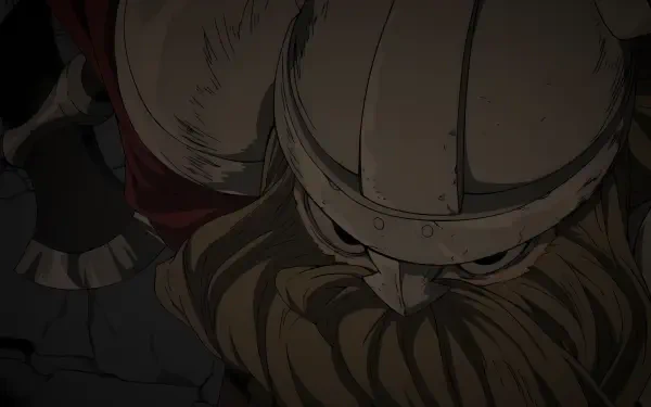 4K Ultra HD PC desktop wallpaper: anime close-up of Eisen (Frieren: Beyond Journey's End), a dwarf in a helmet with braided beard, shown in dim, dramatic lighting.