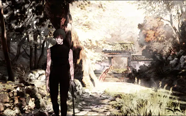 4K Ultra HD PC desktop wallpaper of Maki Zenin (Jujutsu Kaisen, Jujutsu Kaisen 3rd Season) — anime scene: she stands with her weapon on a sunlit shrine path amid trees and a torii gate.