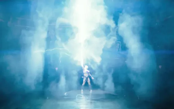 Epic 4K Ultra HD PC desktop wallpaper and background from the Masters of the Universe (2026) movie: lone hero bathed in blue-white light amid swirling mist and a skull-shaped cloud.