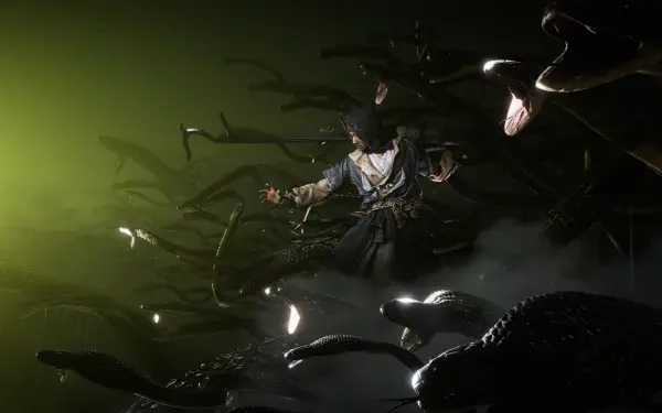 HD PC desktop wallpaper from the video game Where Winds Meet: a samurai surrounded by writhing vipers, bathed in green light and smoky darkness.