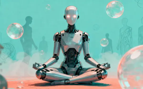 4K Ultra HD PC desktop wallpaper and background: a meditating humanoid robot seated cross-legged on a sandy surface, glowing eyes and translucent bubbles against a teal backdrop.
