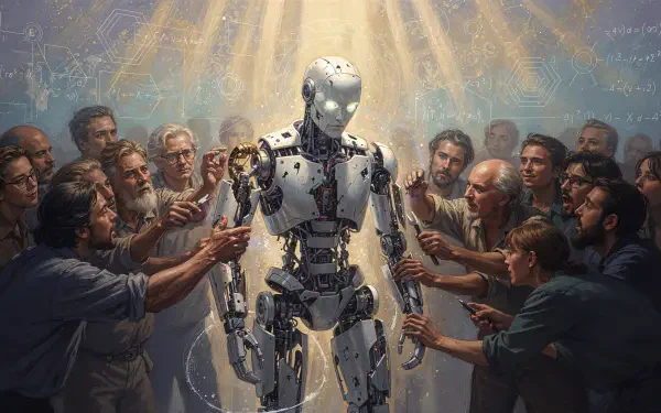 4K Ultra HD PC desktop wallpaper and background: a humanoid robot bathed in golden light as a crowd of people reaches toward it, chalkboard equations and diagrams glowing behind.