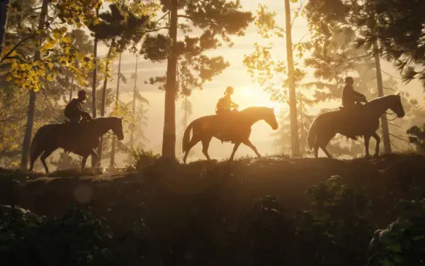 2K Quad HD desktop wallpaper from The Last of Us Part I: three riders on horseback silhouetted against golden sunlight filtering through a forest.
