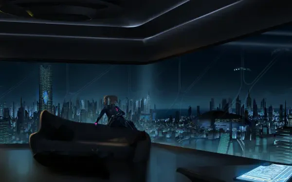 2K Quad HD digital PC desktop wallpaper: Samus Aran (Metroid Prime) silhouetted against a neon sci‑fi futuristic cityscape, viewed from a high‑tech apartment overlooking the metropolis.