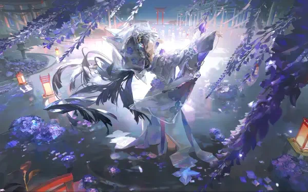 4K Ultra HD PC desktop wallpaper: a glowing robed figure beneath cascading purple wisteria and lanterns, petals drifting across a misty, moonlit temple courtyard.