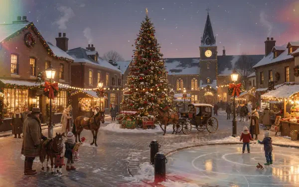 4K Ultra HD PC desktop wallpaper and background: snowy Christmas town square at dusk with a decorated central tree, twinkling lights, market stalls, clock tower and horse-drawn carriage.
