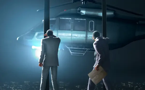 HD PC desktop wallpaper from the video game Yakuza Kiwami 3 & Dark Ties: two suited men approach a hovering helicopter above a misty night cityscape.