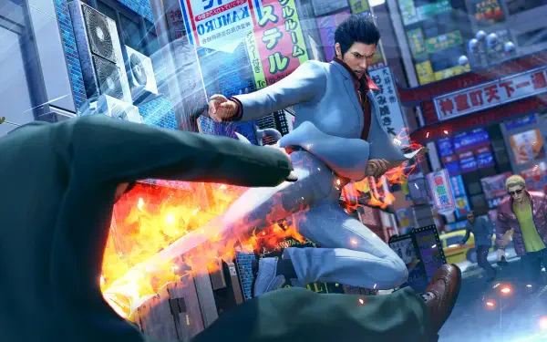HD PC desktop wallpaper of video game Yakuza Kiwami 3 & Dark Ties: suited protagonist unleashes a flaming flying kick amid a neon-lit city street brawl.