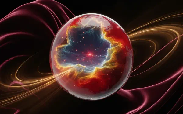 4K Ultra HD PC desktop wallpaper — glowing glass-like cosmic orb containing a fiery nebula, surrounded by golden rings and magenta energy trails on a deep space black background.