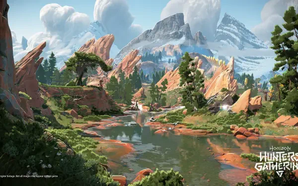 Vibrant mountain and river valley scene from the video game Horizon Hunters Gathering — rocky outcrops, pine forests and snowy peaks; HD PC desktop wallpaper/background.