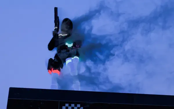 Marathon (Video Game) 4K Ultra HD wallpaper: armored figure with jetpack and glowing red thrusters leaping from a rooftop, trailing blue smoke against a moody sky.