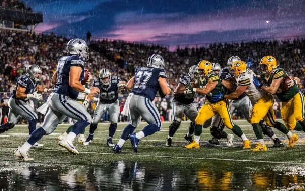 HD PC desktop wallpaper: NFL Super Bowl action — Dallas Cowboys and Green Bay Packers clash at the line of scrimmage in a dramatic, rain-slicked stadium background.