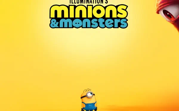 Bright yellow 4K Ultra HD PC desktop wallpaper for the movie Minions & Monsters, showing the title logo at the top and a small Minion standing at the bottom center.