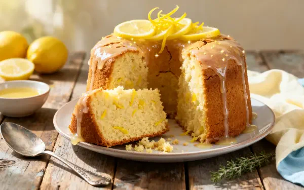 Lemon drizzle cake with glossy glaze, lemon slices and zest on a rustic table — 4K Ultra HD PC desktop wallpaper and background.