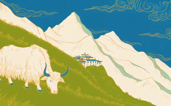4K Ultra HD PC desktop wallpaper and background: stylized Himalayan scene with white yak grazing on green slope, distant monastery against snow-capped peaks and deep blue sky with decorative clouds.