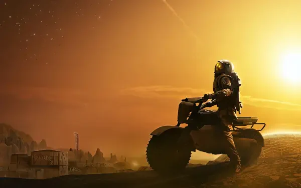 For All Mankind TV scene: astronaut on an ATV silhouetted against an alien world's golden sunset, overlooking a distant outpost — 4K Ultra HD PC desktop wallpaper