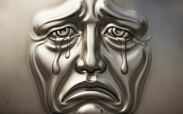 4K Ultra HD PC desktop wallpaper of a metallic, stylized sad face with tear-like drips and reflective, sculpted features conveying deep sorrow.