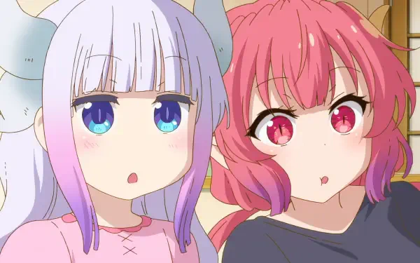 Kanna Kamui and Ilulu from Miss Kobayashi's Dragon Maid: A Lonely Dragon Wants to Be Loved, close-up HD PC desktop wallpaper showing their surprised expressions.
