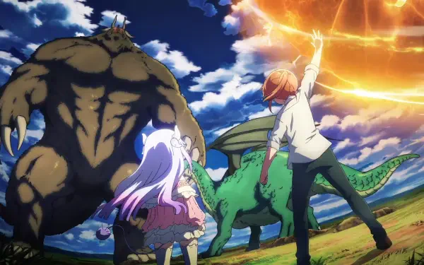 Anime HD PC desktop wallpaper from Miss Kobayashi's Dragon Maid — Miss Kobayashi’s Dragon Maid: A Lonely Dragon Wants to Be Loved, characters confront dragons beneath a dramatic, cloud-streaked sky.