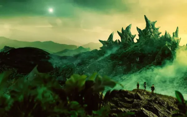 Monarch: Legacy of Monsters — green 4K Ultra HD PC wallpaper of a colossal spiked beast rising from mist as three small figures watch atop a rocky ridge.