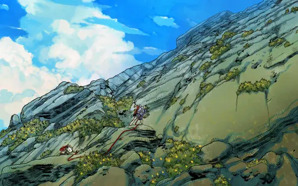 4K Ultra HD PC desktop wallpaper, video game Cairn: stylized rocky mountainside with mossy crevices and two tiny climbers beneath a bright blue sky.