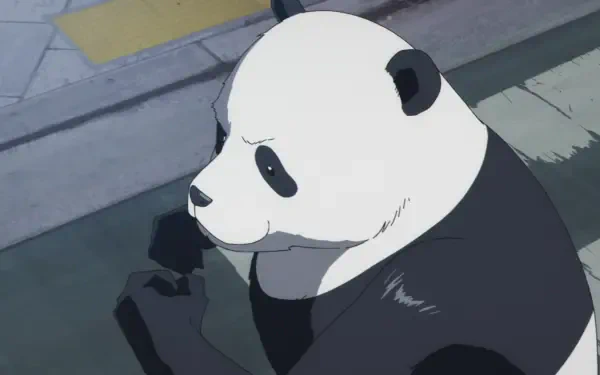 HD anime desktop wallpaper: Panda from Jujutsu Kaisen seated on a sidewalk, gazing up with a calm expression against a muted urban backdrop.