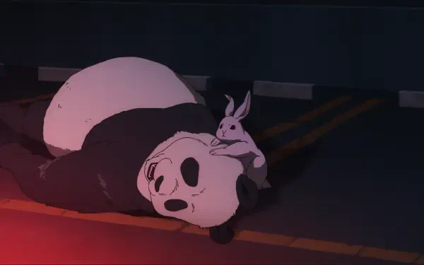 HD PC wallpaper of Panda from Jujutsu Kaisen (3rd Season) sleeping on a road at night with a small rabbit curled on his back, bathed in soft red and blue lighting.